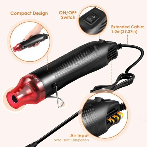 Handheld Mini Heat Gun, 300W Hot Air Gun Multi-Function Electrical Heat Tool for for DIY Embossing, Shrink Wrapping, Drying Paint (300W) - Image 5