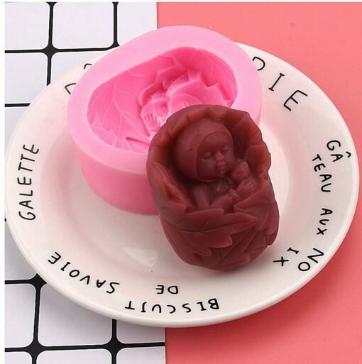 Vedini Sleeping Baby with Bear Shape Soaps Molds I 3D Fondant Cute Baby Wrapped in Leaves Silicone Mould JKB-302 - Image 2
