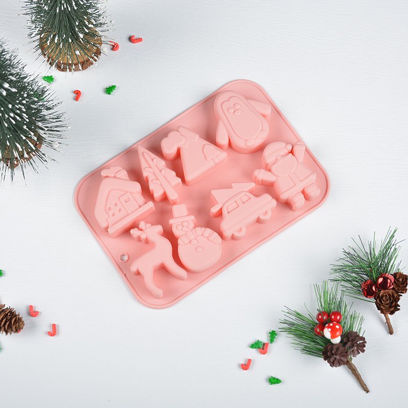 Vedini 8 cavity Christmas silicone cake mold with tree snowman car fawn and house JKB-3056