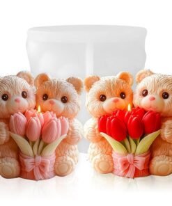 Vedini Valentine's Teddy Bear Candle Mould Silicone | 3D Valentine Tulip Flower Couple Pillar Candle Mold for Candle Making, Soap Making, Resin Casting, Chocolate, DIY Handmade Decor JKB-4002