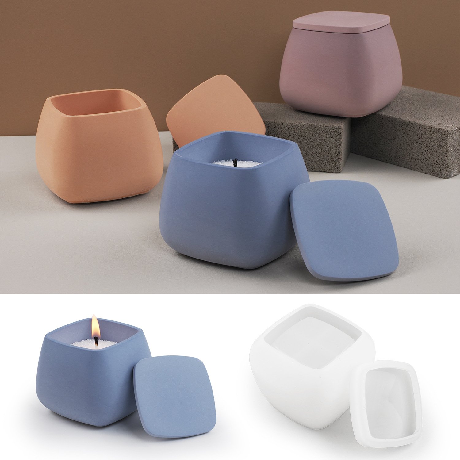 Vedini Square Candle Cup Silicone Mold with Lid for Concrete, Gypsum & Resin Storage Jar JKB-3243