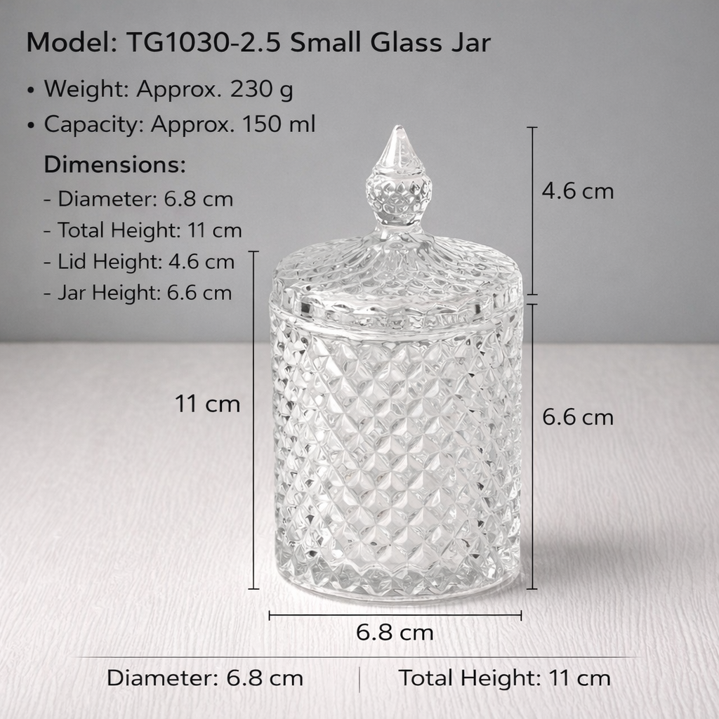 Crystal Glass Candy Jar with Lid 150ml | Decorative Storage Jar | TG1030-2.5 Sugar / Dry Fruit / Candle Jar