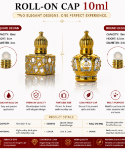 Vedini 10ml Roll-On Glass Perfume Bottle (Square & Round Design) | Golden Attar Bottle with Roller Ball | Refillable Essential Oil Container