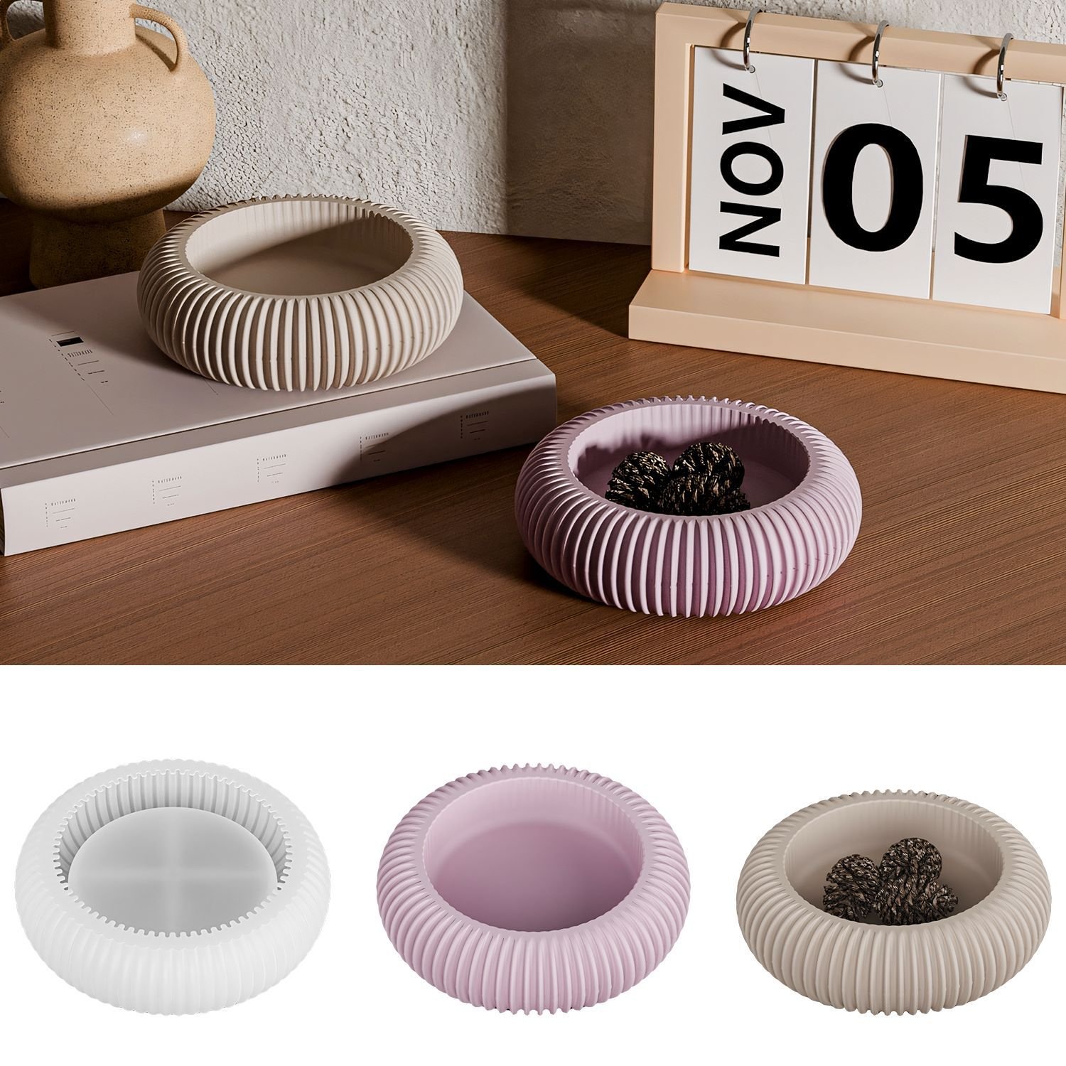 Vedini Concrete Striped Storage Bowl Resin Mold Flower Pot Plaster Candle Holder Silicone Mold JKB-3324