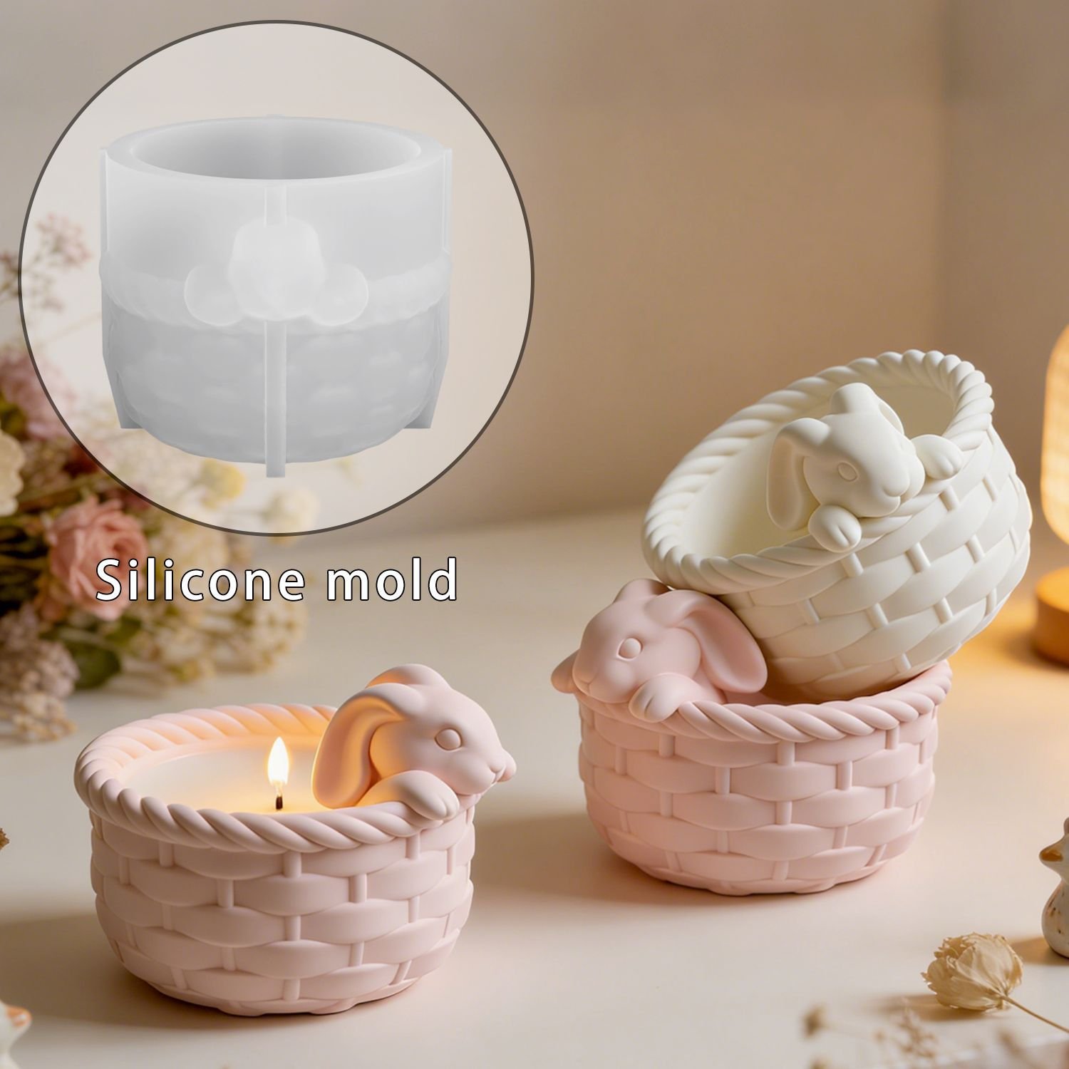 Vedini Concrete Flower Basket Rabbit Candle Cup Mold Pastoral Bamboo Basket Plaster Silicone Mold JKB-3323