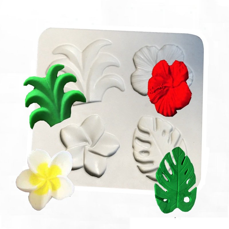Vedini 4 Cavity Coconut Tree Plumeria Hibiscus Flower Turtle Leaf Silicon Mold JKB-3394