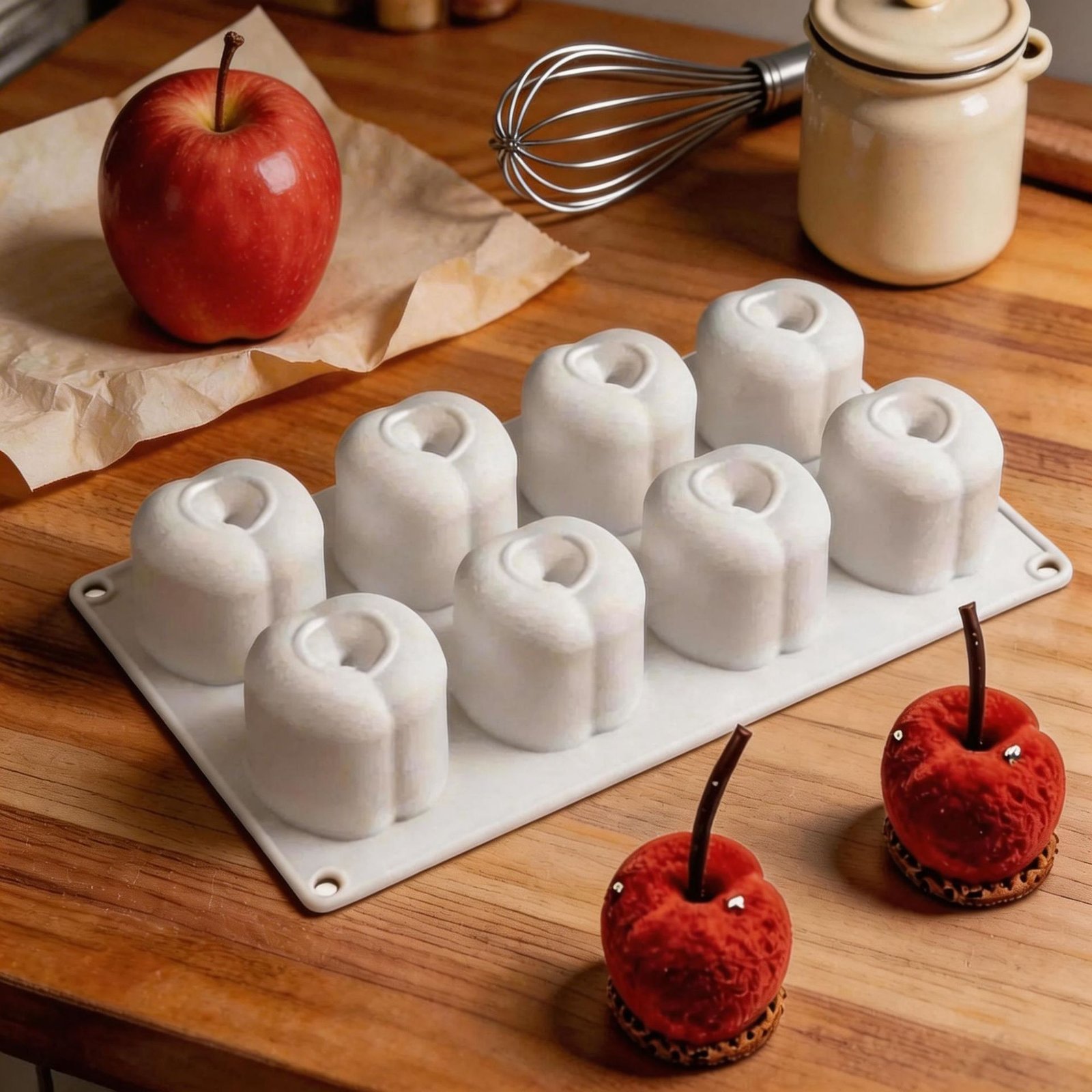 Vedini 8-Cavity Silicone Apple Mousse Mold, Easy to Demold, French-Style Cherry Fruit Dessert, Christmas Apple Mold JKb-3368