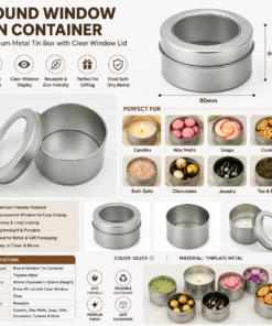 Alternative view of Round Window Tin Container 90×60mm | Clear Lid Metal Tin Box for Candles, Wax Melts, Soap, Cookies, Gift Packaging & Storage