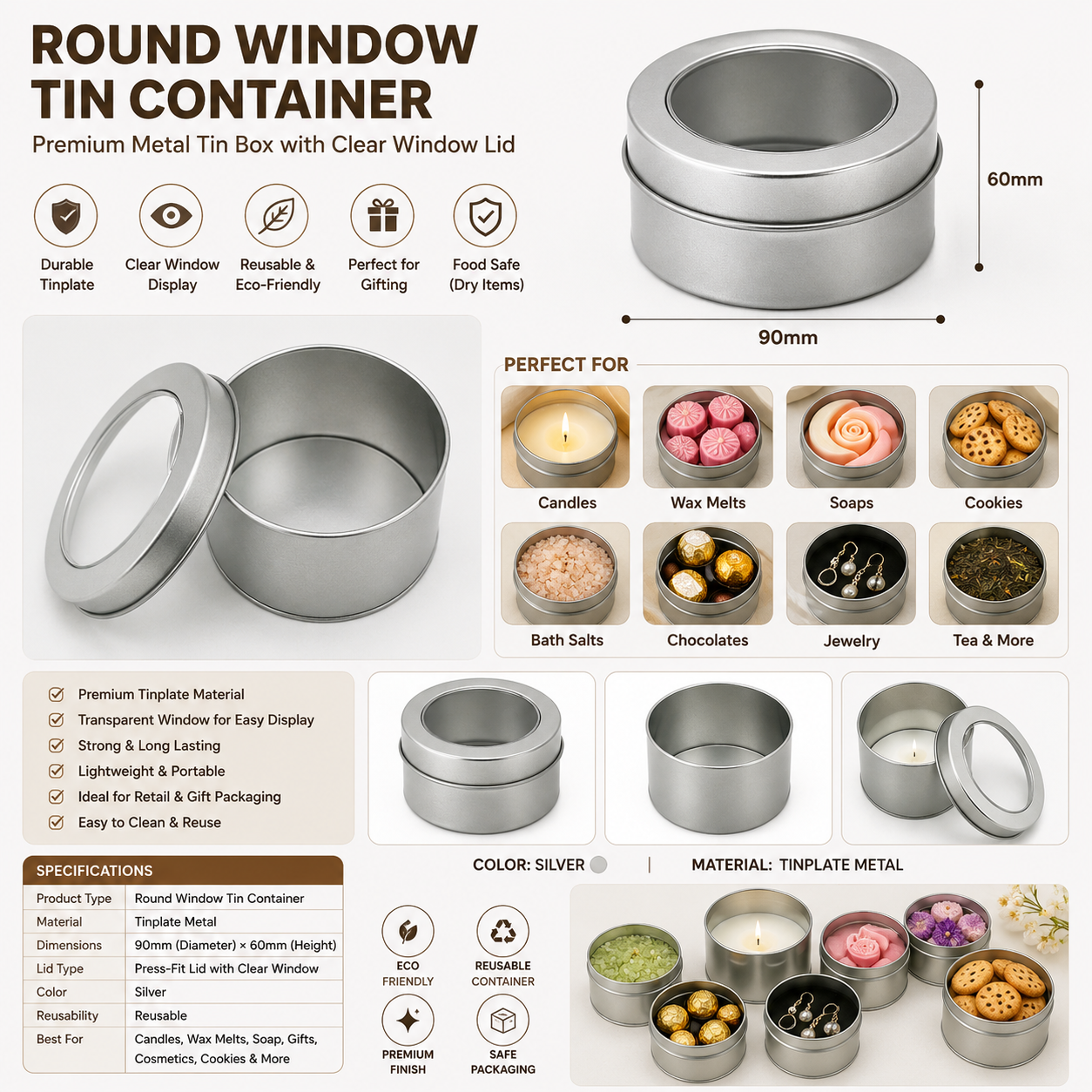 Round Window Tin Container 90×60mm | Clear Lid Metal Tin Box for Candles, Wax Melts, Soap, Cookies, Gift Packaging & Storage - Image 2