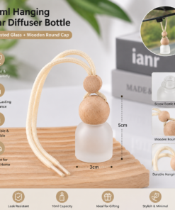 Vedini 10ml Frosted Glass Hanging Car Diffuser Bottle with Wooden Round Cap and Rope for Car Perfume Essential Oils Air Freshener Aromatherapy