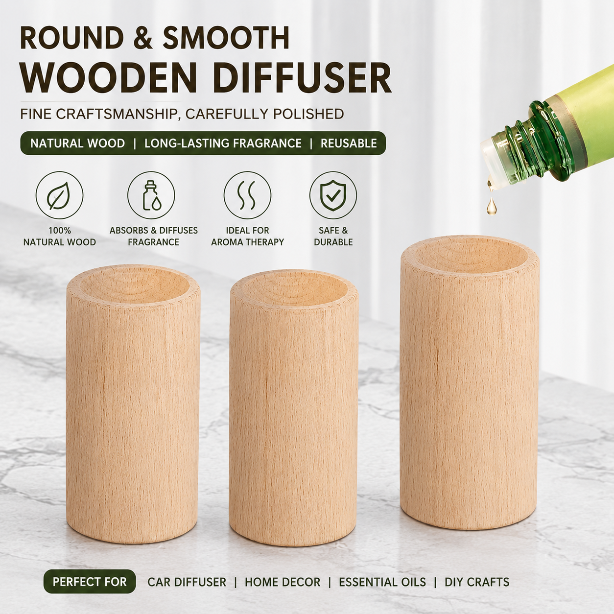 Vedini Natural Wooden Aroma Diffuser Block for Essential Oils | Passive Wooden Fragrance Diffuser for Car, Bedroom, Office & Home Decor