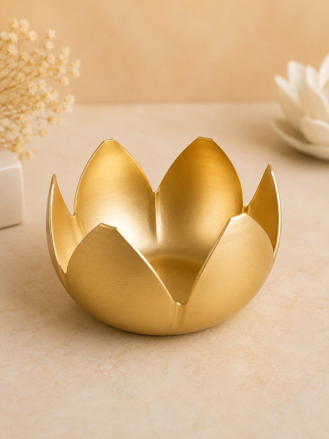 Vedini Premium Golden Lotus Urli Bowl for Floating Candles & Flowers | Traditional Indian Decorative Urli for Home, Office, Wedding & Diwali Festival Decor | Centerpiece Flower Bowl