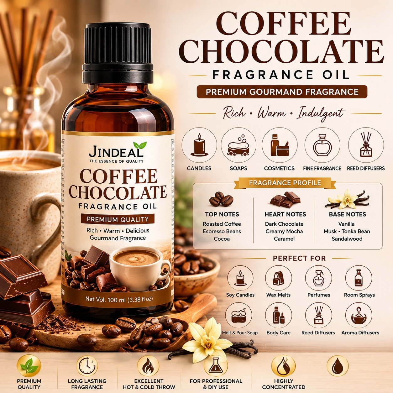 Jindeal Coffee Chocolate Fragrance Oil for Candle Making, Soap, Cosmetics, Fine Perfume, Reed Diffusers & Home Fragrance