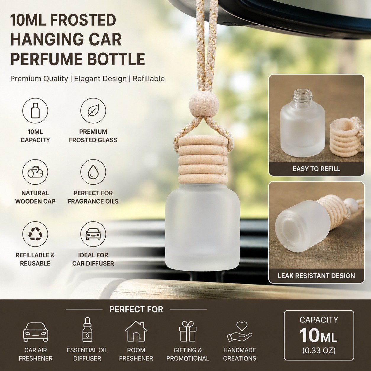 10ml Frosted Hanging Car Perfume Bottle with Wooden Diffuser Cap and Cotton Rope for Car Air Freshener