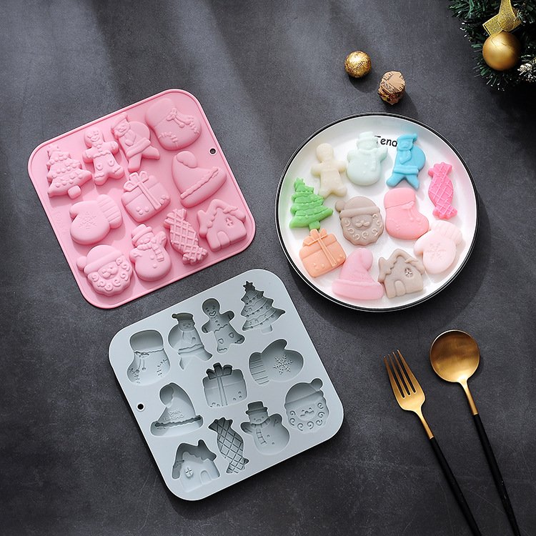 Vedini 11 Cavity Silicone Mold for Christmas-Themed Baking Cakes with Santa Claus, Trees, Candies, and Other Shapes JKB-3430