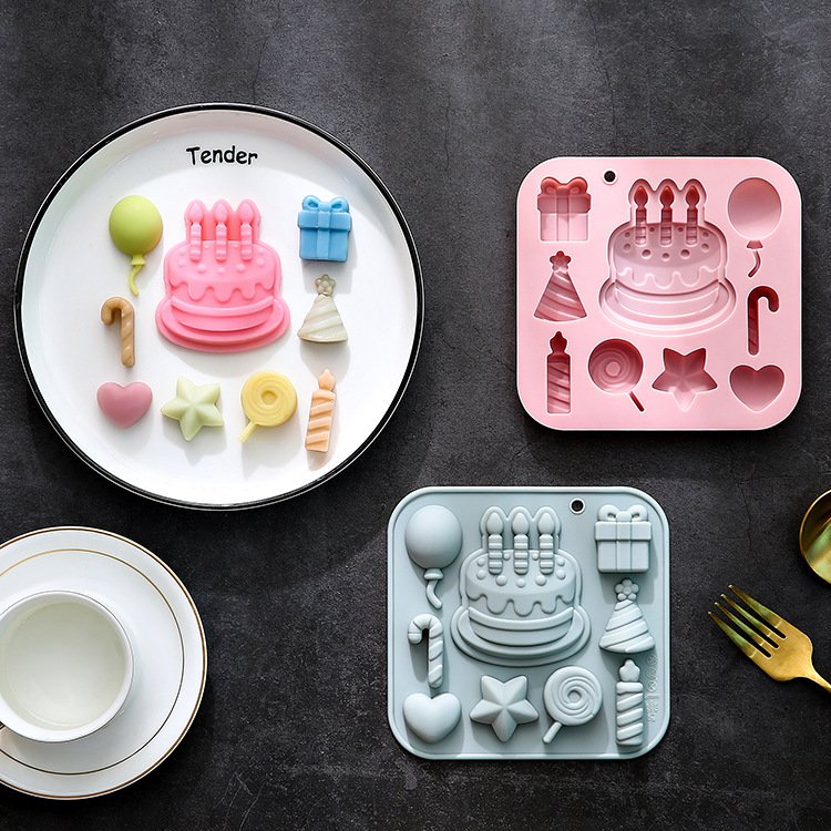 Vedini 9-Cavity Birthday Cake Themed Silicone Mold Baking Tool Chocolate Mold Resin Cake Mold JKB-3434