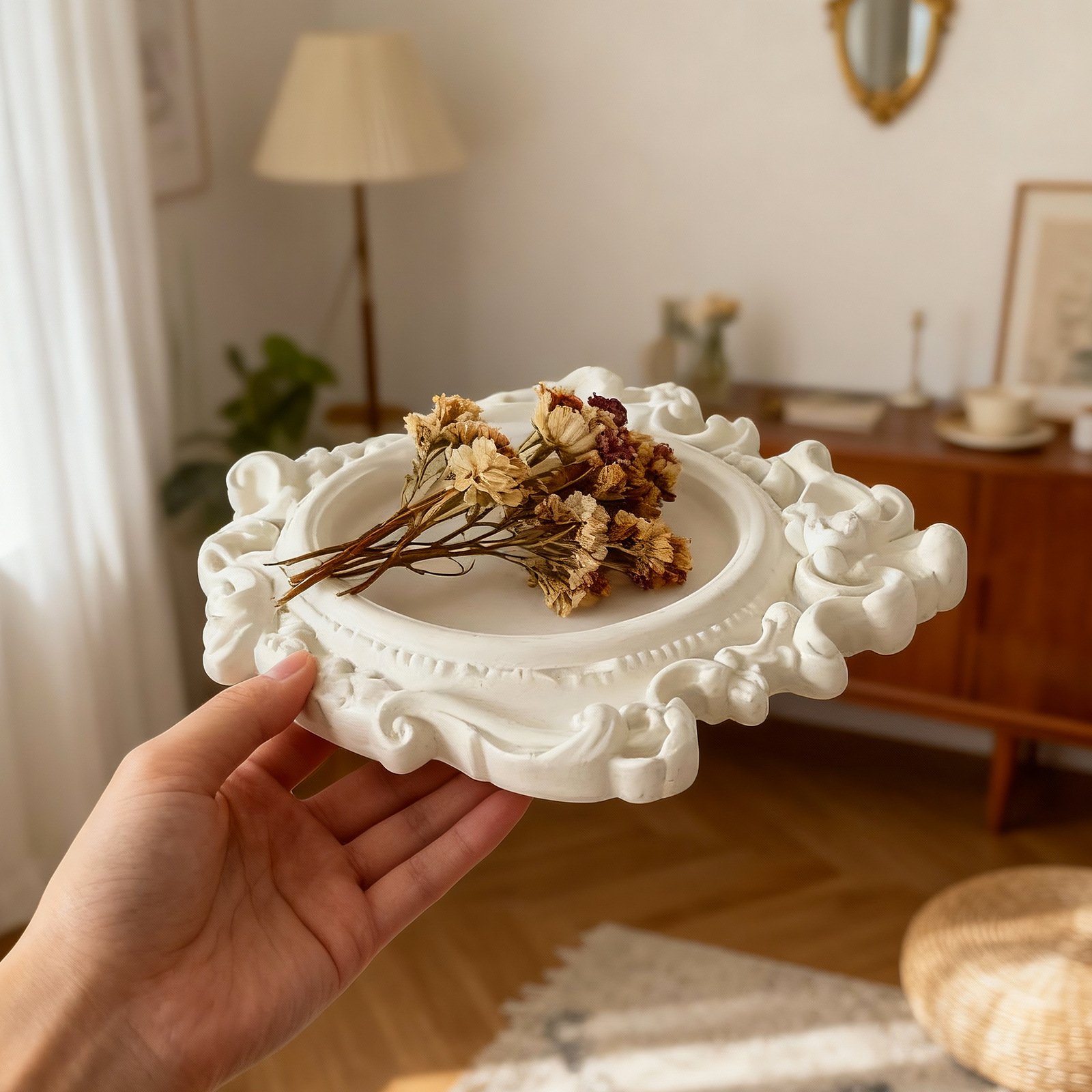 Vedini Concrete European Palace Retro Relief Pattern Oval Storage Tray Photo Frame Silicone Mold JKB-3404