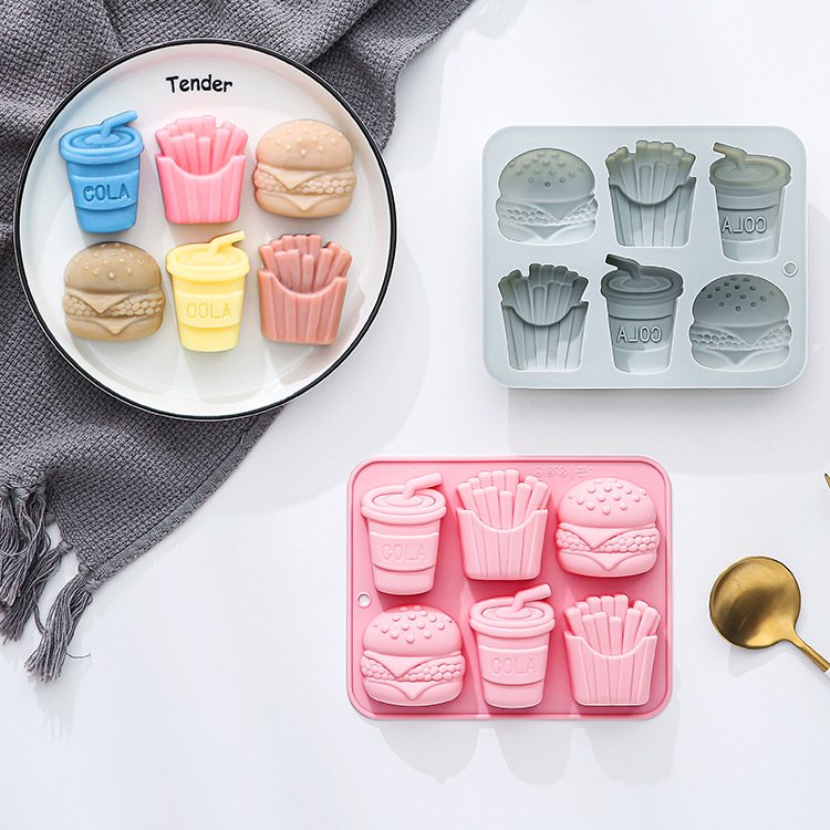 Vedini 6 Cavity Hamburger, Fries, and Cola-Shaped Silicone Mold for Handmade Soap, Jelly, Resin, Baking, and Chocolate JKB-3429
