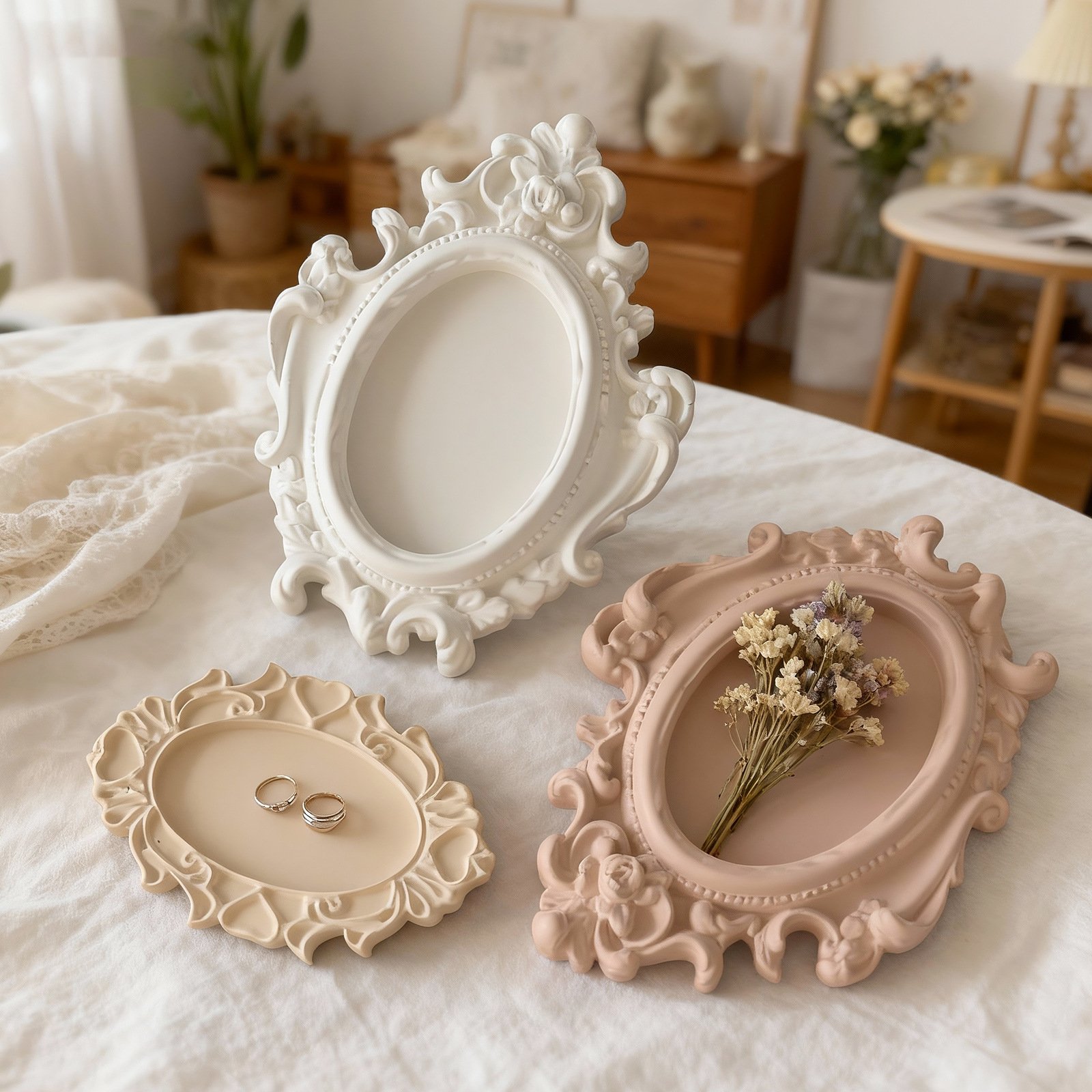 Vedini Concrete European Palace Retro Relief Pattern Oval Storage Tray Photo Frame Silicone Mold JKB-3404 - Image 2
