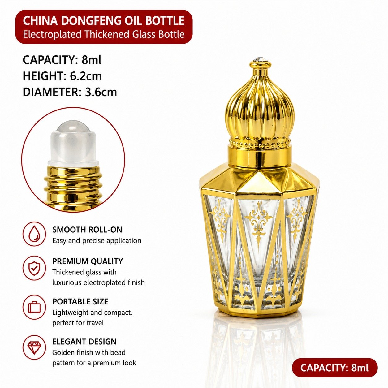 Vedini 8ml Luxury Electroplated Thick Glass Roll-On Perfume Bottle with Golden Crown Cap for Attar Essential Oil and Fragrance Packaging