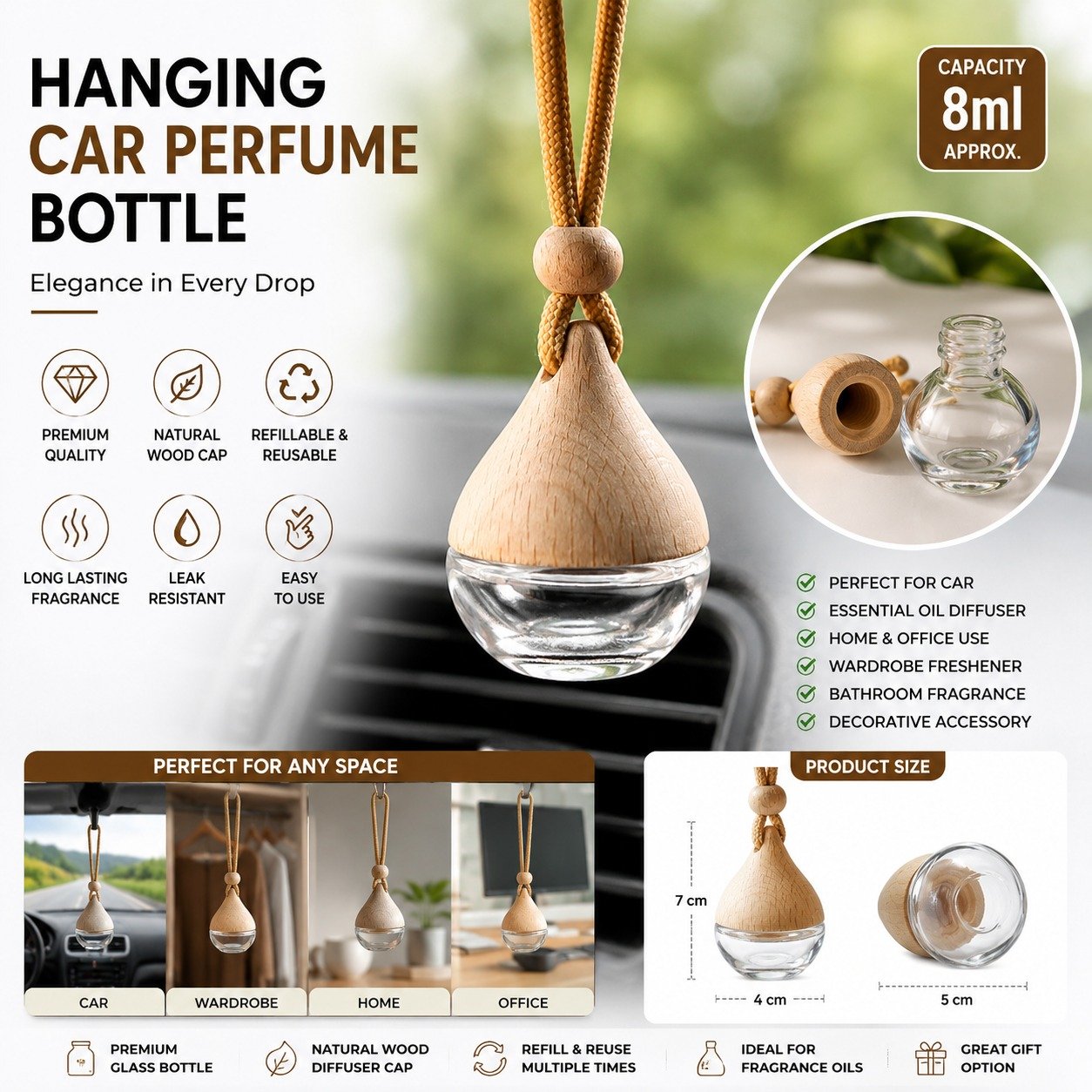 Premium Hanging Car Perfume Bottle 8ml | Wooden Cap Glass Diffuser Bottle | Refillable Aromatherapy Air Freshener Pendant - Image 2