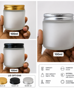 Premium Frosted Glass Candle Jar with Metal Lid (120ml) | Black, Gold & Silver Lid | Empty Candle Container for Soy Wax, Scented Candles & DIY Candle Making