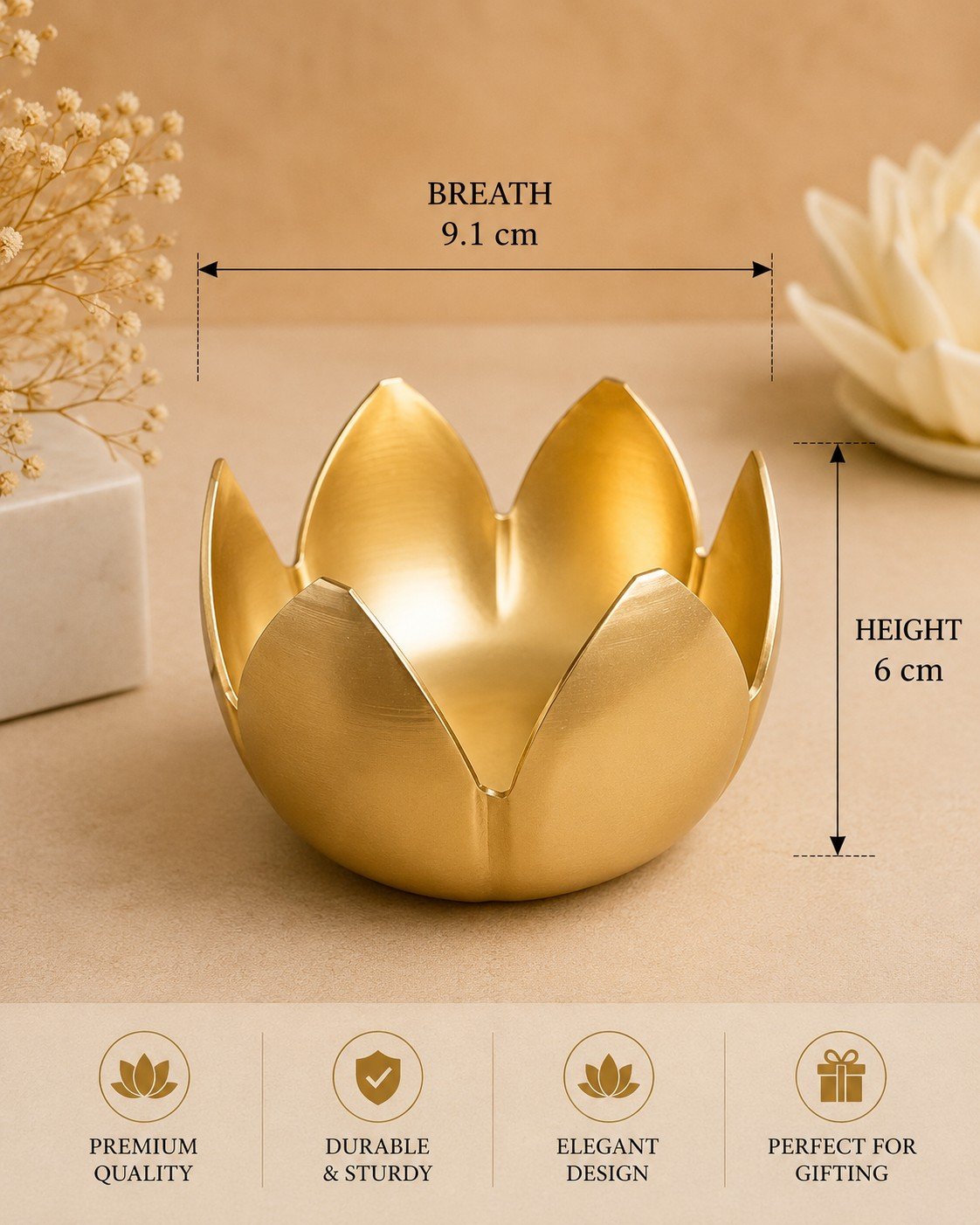 Vedini Premium Golden Lotus Urli Bowl for Floating Candles & Flowers | Traditional Indian Decorative Urli for Home, Office, Wedding & Diwali Festival Decor | Centerpiece Flower Bowl - Image 2
