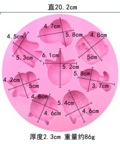 Dimensions and measurements of 8-cavity animal and unicorn round silicone soap mold showing 20.2cm