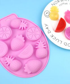 Detailed dimensions of 9-cavity fruit silicone mold showing 22.2cm length and 1.9cm depth