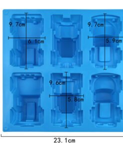 Detailed dimensions of 6-cavity car silicone mold showing 23.1cm total length and individual truck cavity sizes