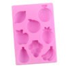 Angled view of pink 8-cavity fruit world silicone chocolate and soap mold