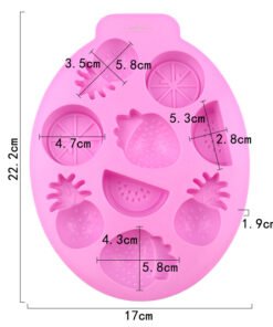 Detailed dimensions of 9-cavity fruit silicone mold showing 22.2cm length and 1.9cm depth