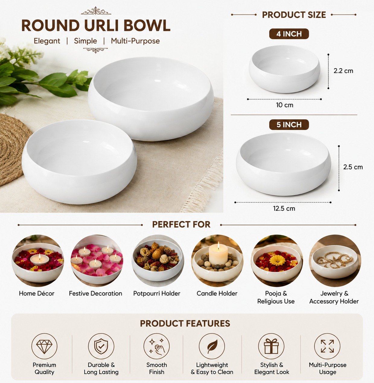 Round Urli Bowl – 4 Inch & 5 Inch White Decorative Bowl