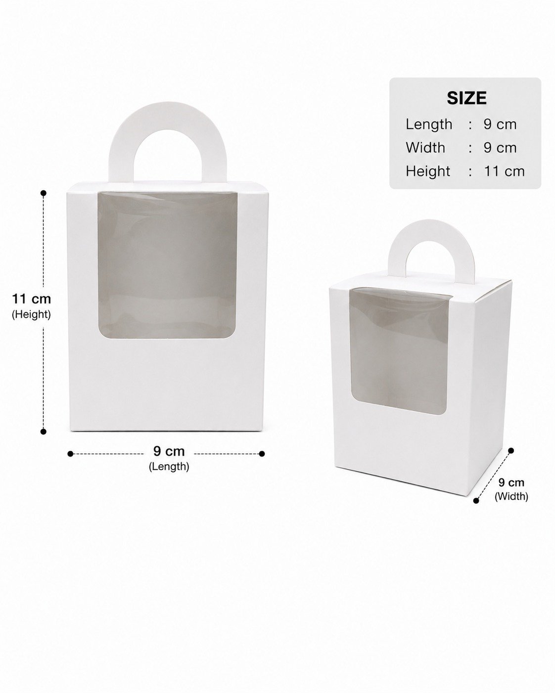 White gift box with transparent window and handle 9 x 9 x 11 cm