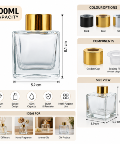 100ml Square Glass Reed Diffuser Bottle with Golden Cap & Sealing Plug