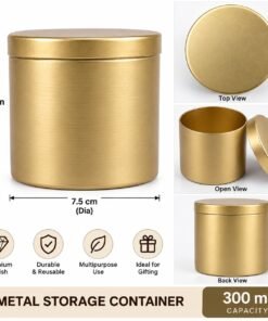Brass Polished Iron Metal Storage Tin Container with Lid – Round Decorative Canister for Candle, Gift & Multipurpose Storage 3*3 Inch