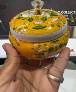 Traditional Pichwai Art Yellow Printed Handi / Matki with Lid (4 Inch)