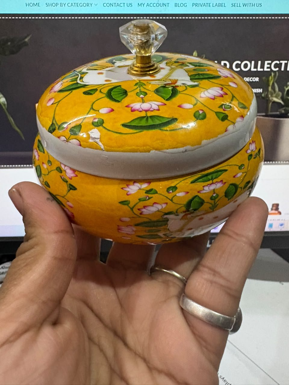 Traditional Pichwai Art Yellow Printed Handi / Matki with Lid (4 Inch)
