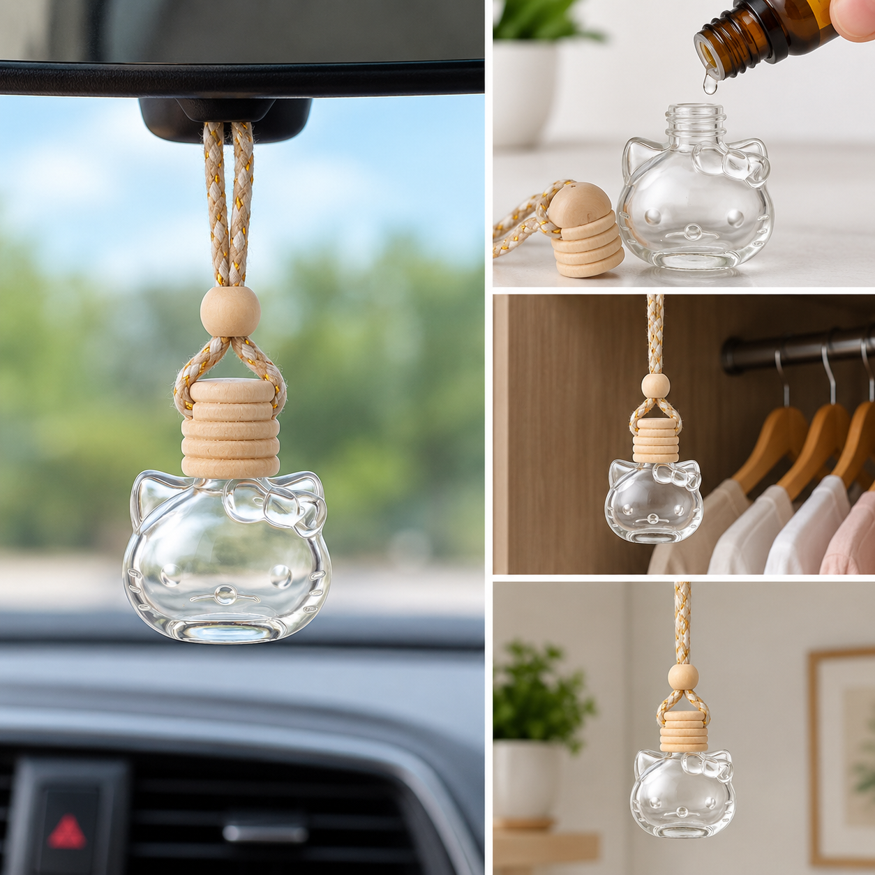 Vedini Cute Kitty with Bow Hanging Car Diffuser Bottle – 13ml Glass Aroma Perfume Bottle with Wooden Cap & Rope - Image 2
