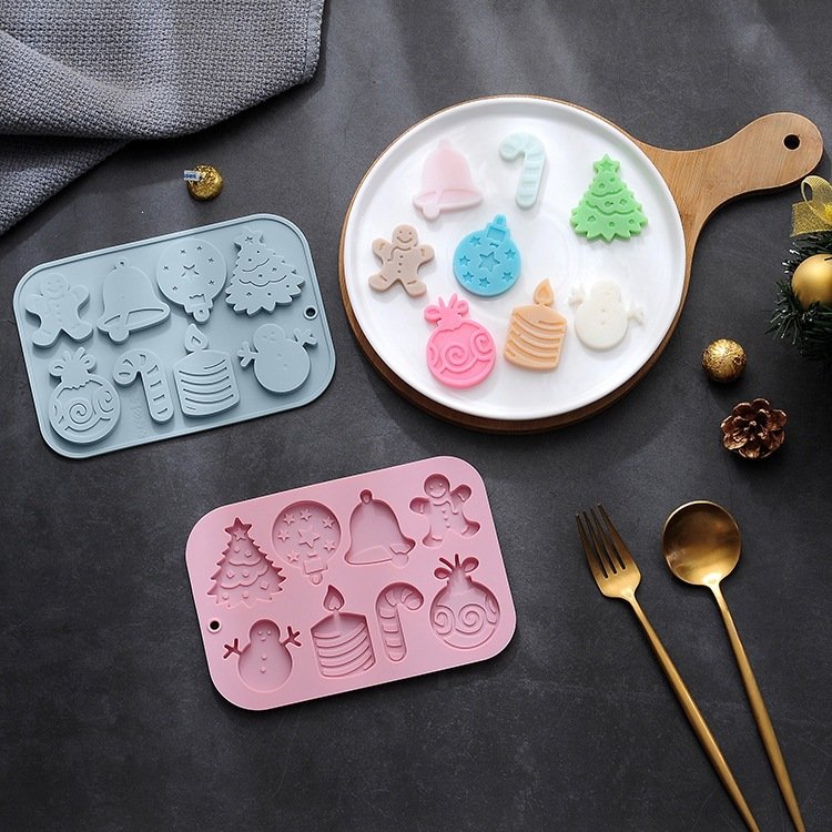 Vedini 8 Cavity Christmas Themed Snowman, Bell, Candle, Gingerbread Man, and Other Silicone Molds JKB-3560