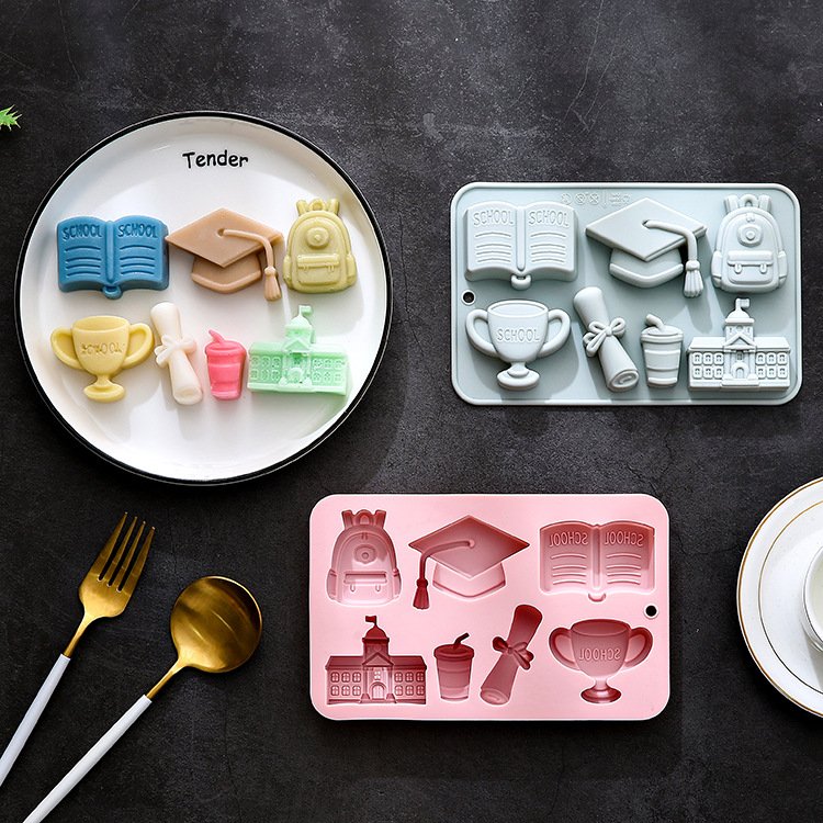 Vedini 7 Cavity Of Academy-Themed Designs, Including Schoolbags, Teaching Buildings, Trophies, Etc., for Cakes and Chocolates JKB-3551