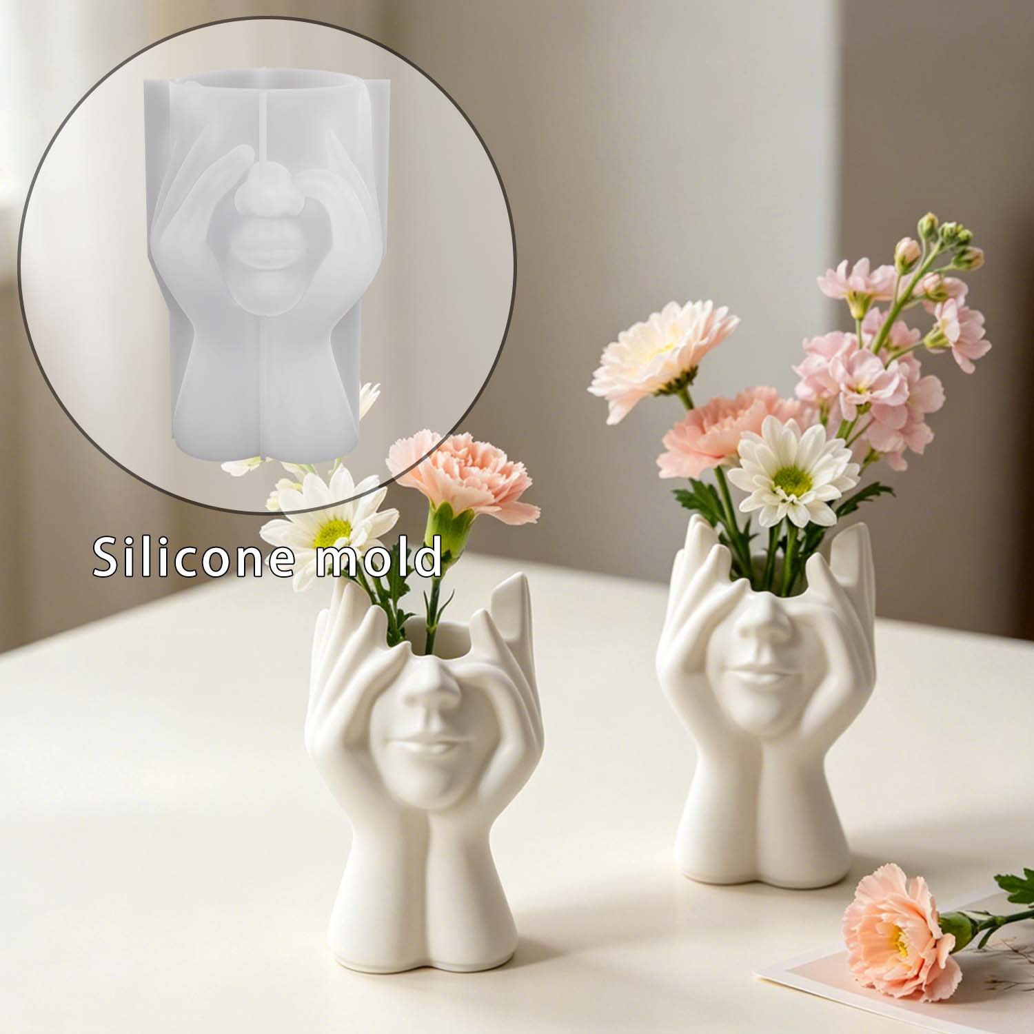 Vedini face-holding human head vase silicone mold DIY multifunctional storage pen holder makeup brush holder decorative plaster mold JKB-3512 - Image 5