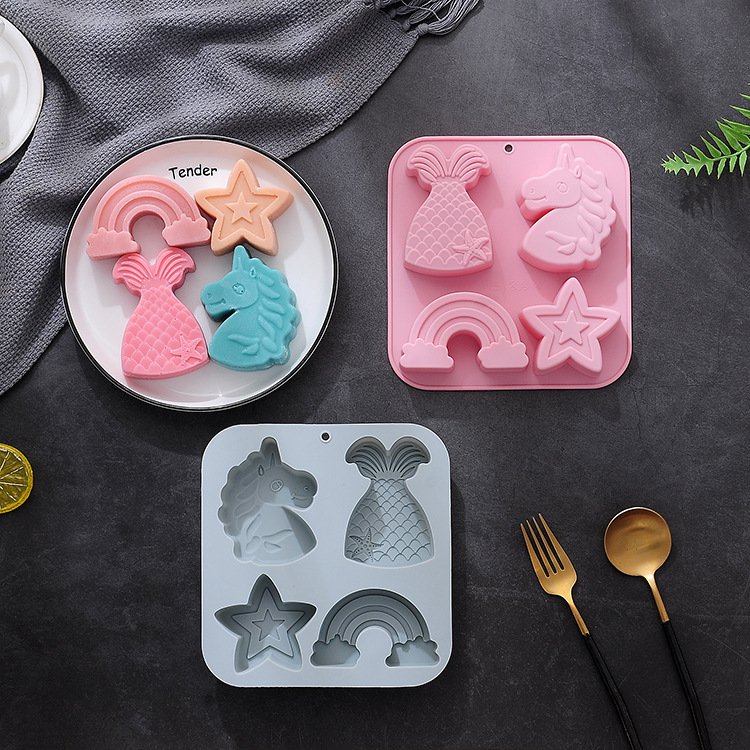 Vedini 4 Cavity Unicorn Mermaid Tail, Five-Pointed Star, Rainbow-Shaped Silicone Mold JKB-3536