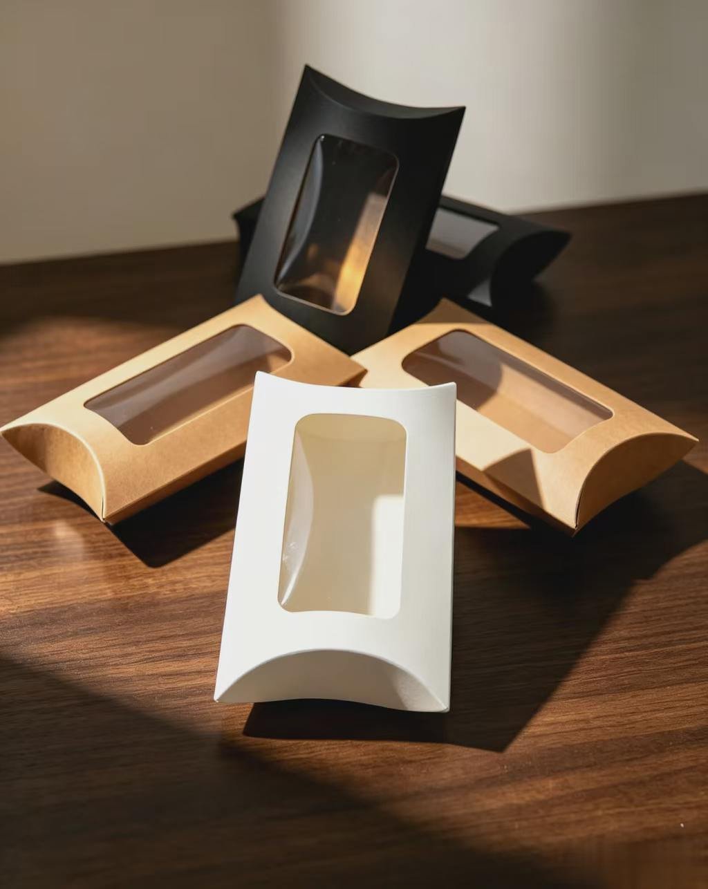 Vedini Pillow Window Gift Box with Transparent Window – Kraft Brown, White & Black – 14.5×7.5cm(pack of 10) - Image 3