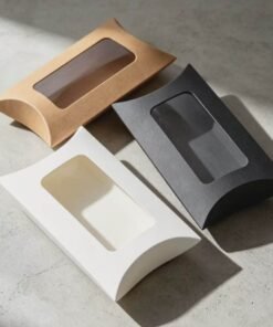 Vedini pillow window gift box in Kraft Brown, White and Black – 14.5×7.5cm