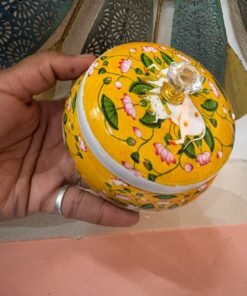 Alternative view of Traditional Pichwai Art Yellow Printed Handi / Matki with Lid (4 Inch)