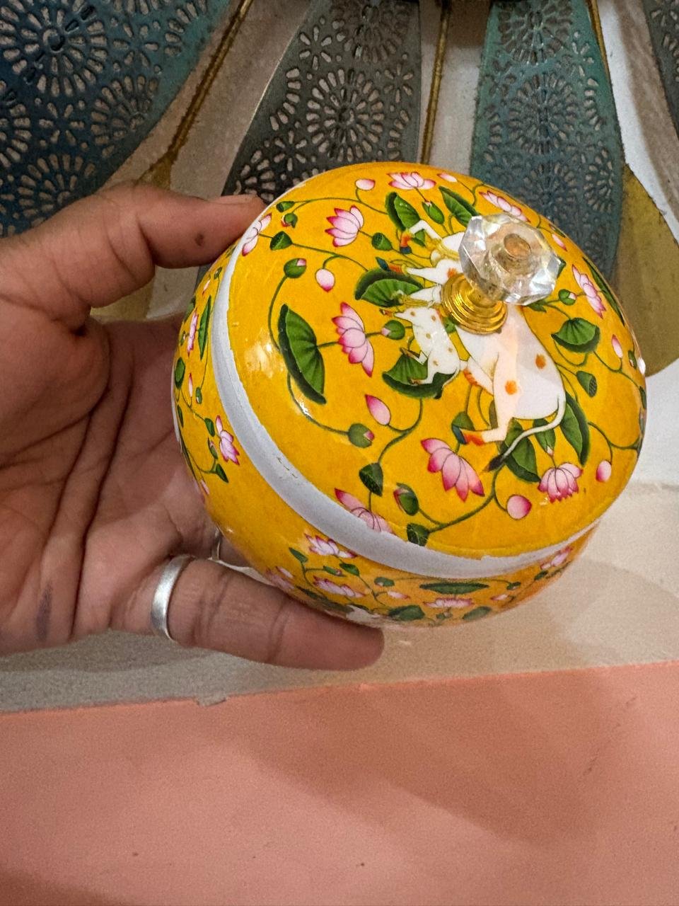 Traditional Pichwai Art Yellow Printed Handi / Matki with Lid (4 Inch) - Image 2