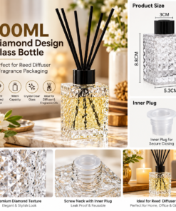 100ml Transparent Diamond Design Glass Bottle with Black Cap & Inner Plug (Pack of 6)