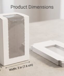 3x3x5 inch white packaging box with zigzag clear display window assembled next to flat cartons on tabletop