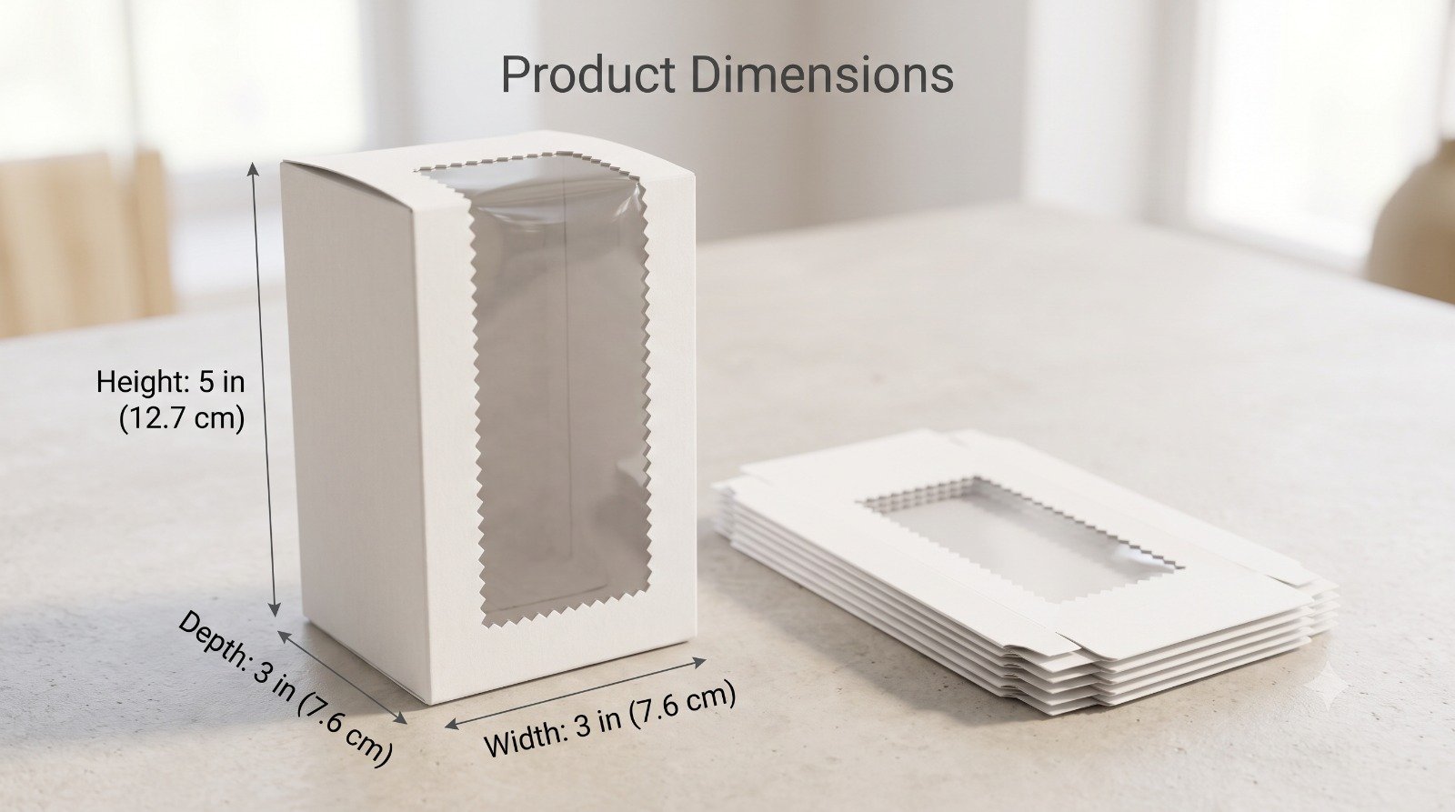 3x3x5 inch white packaging box with zigzag clear display window assembled next to flat cartons on tabletop